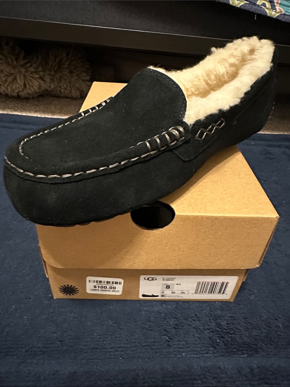 UGG Black Suede Shearling-Lined Moccasin Slipper